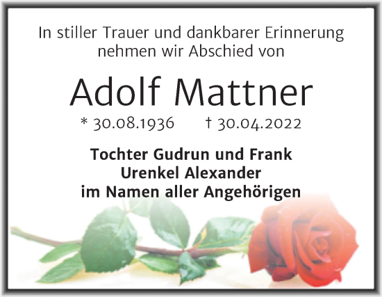 Traueranzeige von Adolf Mattner von Trauerkombi Wittenberg