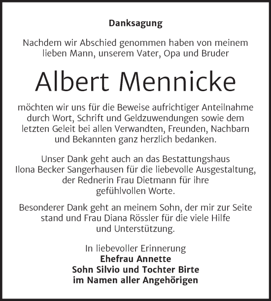 Traueranzeige von Albert Mennicke von Trauerkombi Mansfelder Land