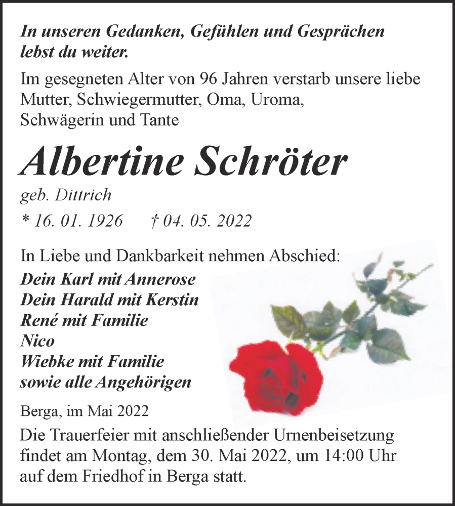  Traueranzeige für Albertine Schröter vom 14.05.2022 aus Trauerkombi Sangerhausen