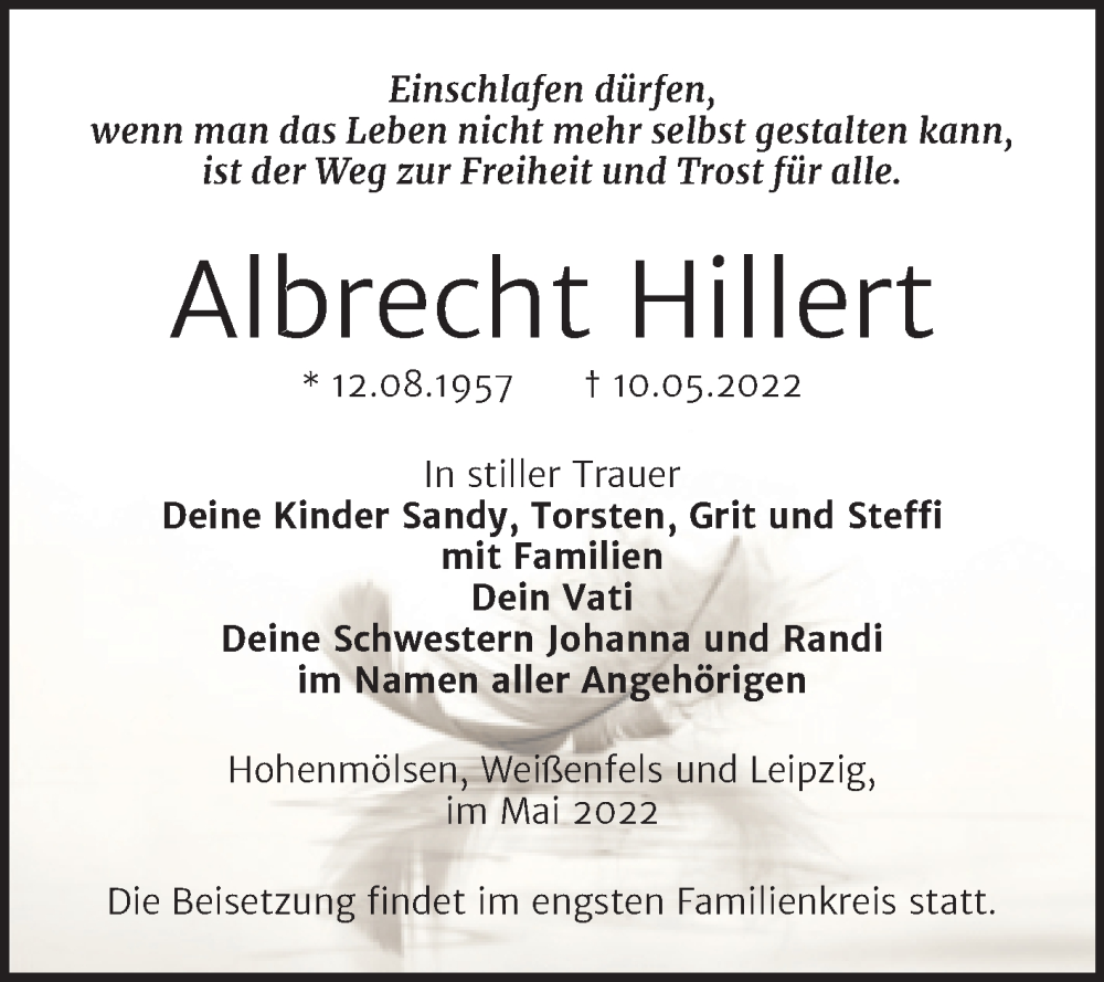  Traueranzeige für Albrecht Hillert vom 21.05.2022 aus Trauerkombi Weißenfels
