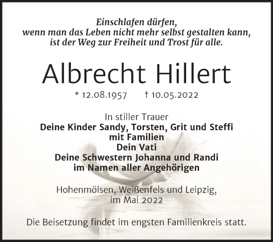 Traueranzeige von Albrecht Hillert von Trauerkombi Weißenfels