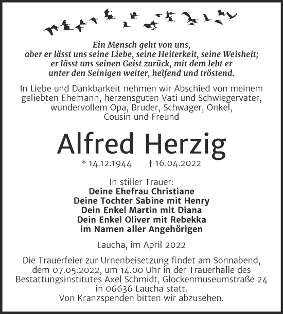Traueranzeige von Alfred Herzig von Wochenspiegel Naumburg/Nebra