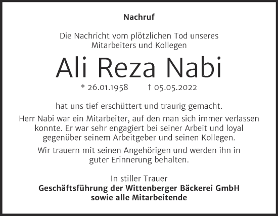 Traueranzeige von Ali Reza Nabi von Super Sonntag Wittenberg