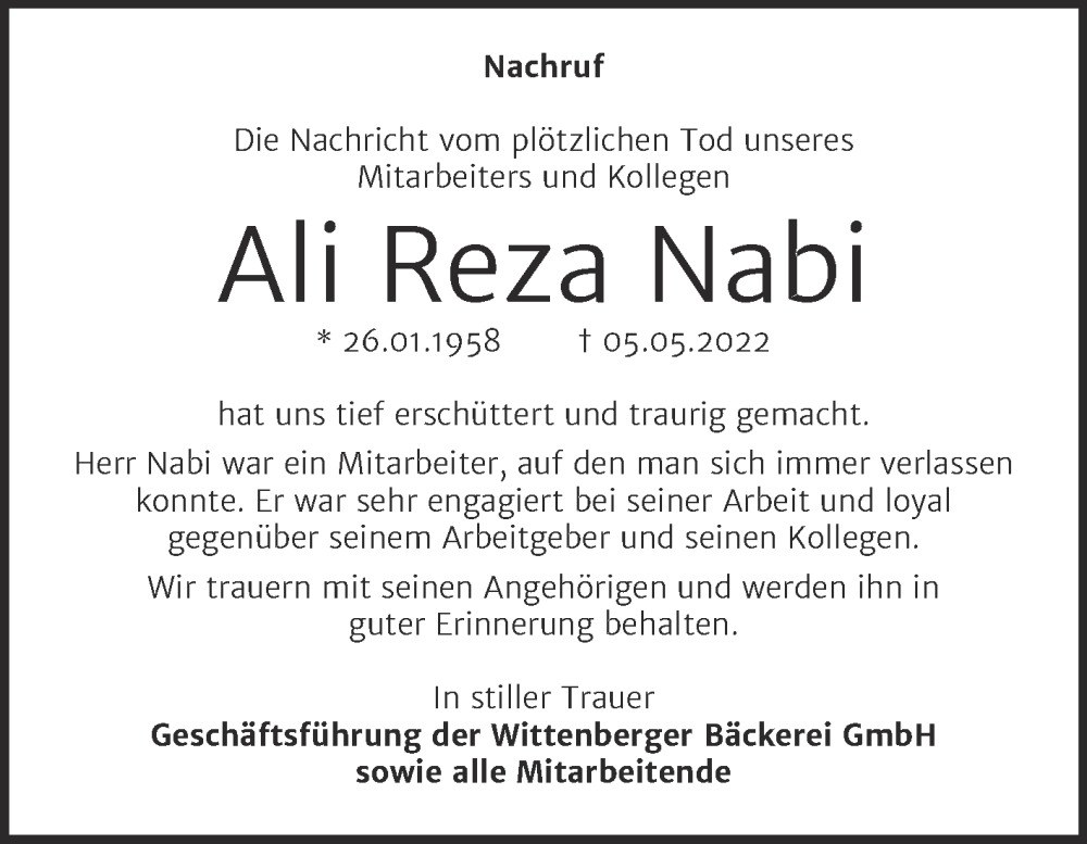  Traueranzeige für Ali Reza Nabi vom 14.05.2022 aus Super Sonntag Wittenberg