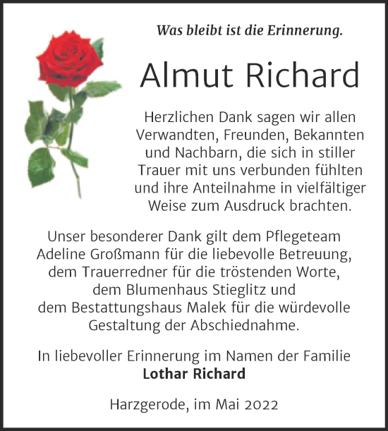 Traueranzeige von Almut Richard von Trauerkombi Quedlinburg
