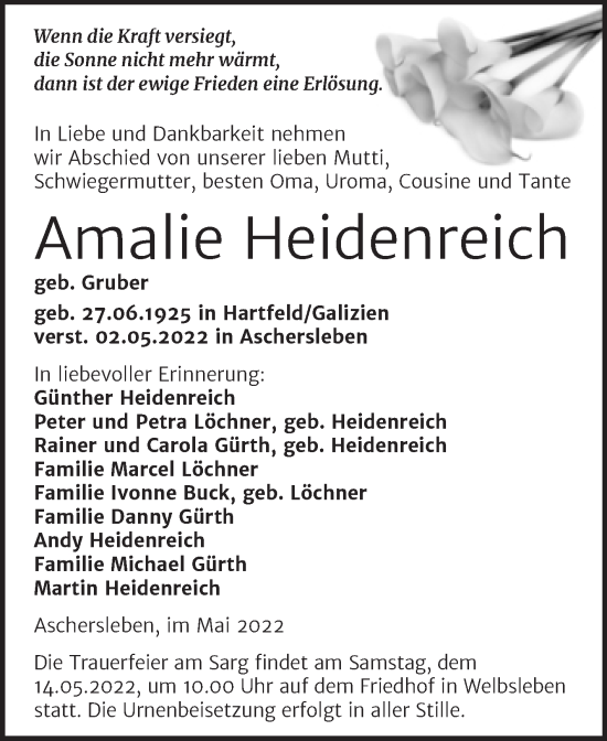 Traueranzeige von Amalie Heidenreich von Trauerkombi Mansfelder Land