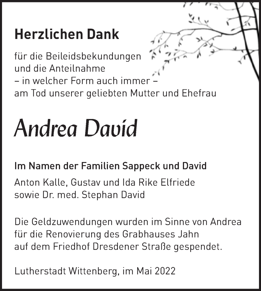  Traueranzeige für Andrea David vom 21.05.2022 aus Trauerkombi Wittenberg