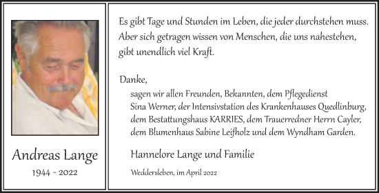 Traueranzeige von Andreas Lange von Trauerkombi Quedlinburg