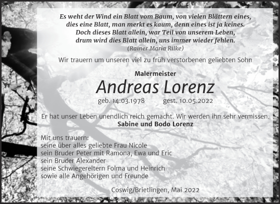 Traueranzeige von Andreas Lorenz von Trauerkombi Wittenberg