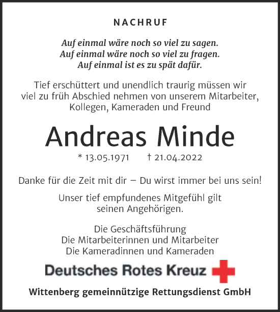 Traueranzeige von Andreas Minde von Mitteldeutsche Zeitung