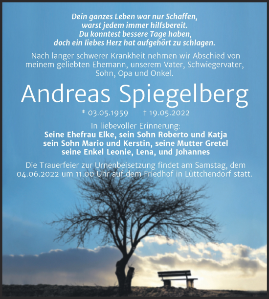Traueranzeige von Andreas Spiegelberg von Trauerkombi Mansfelder Land