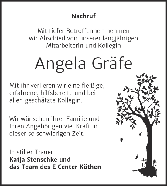 Traueranzeige von Angela Gräfe von Wochenspiegel Köthen