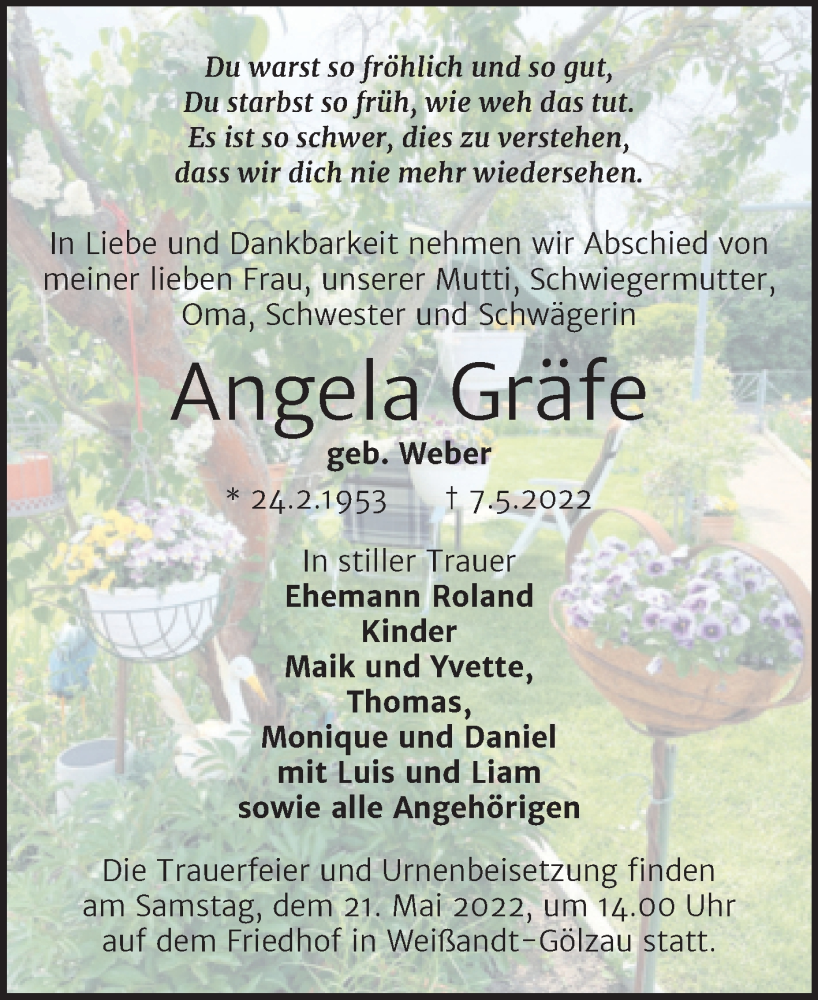  Traueranzeige für Angela Gräfe vom 14.05.2022 aus Trauerkombi Köthen
