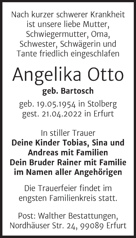 Traueranzeige von Angelika Otto von Trauerkombi Sangerhausen