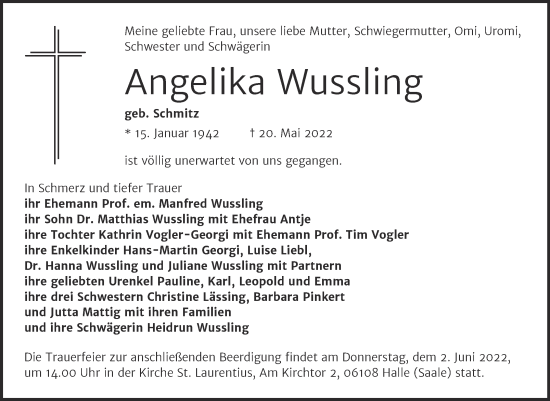 Traueranzeige von Angelika Wussling von Mitteldeutsche Zeitung Halle/Saalkreis