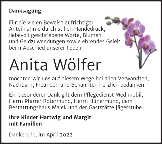Traueranzeige von Anita Wölfer von Trauerkombi Quedlinburg