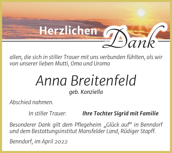 Traueranzeige von Anna Breitenfeld von Trauerkombi Mansfelder Land