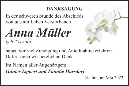 Traueranzeige von Anna Müller von Trauerkombi Sangerhausen