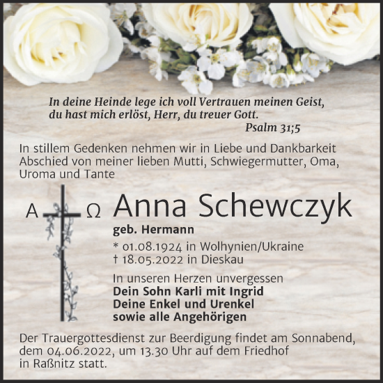 Traueranzeige von Anna Schewczyk von Trauerkombi Merseburg