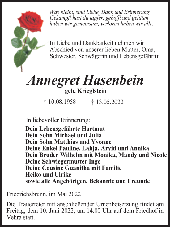 Traueranzeige von Annegret Hasenbein von Trauerkombi Quedlinburg