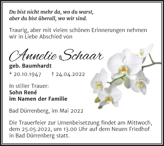 Traueranzeige von Annelie Schaar von Trauerkombi Merseburg