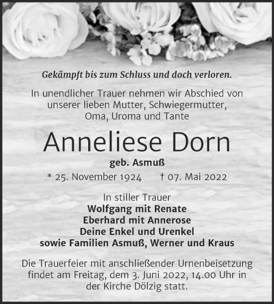 Traueranzeige von Anneliese Dorn von Trauerkombi Merseburg
