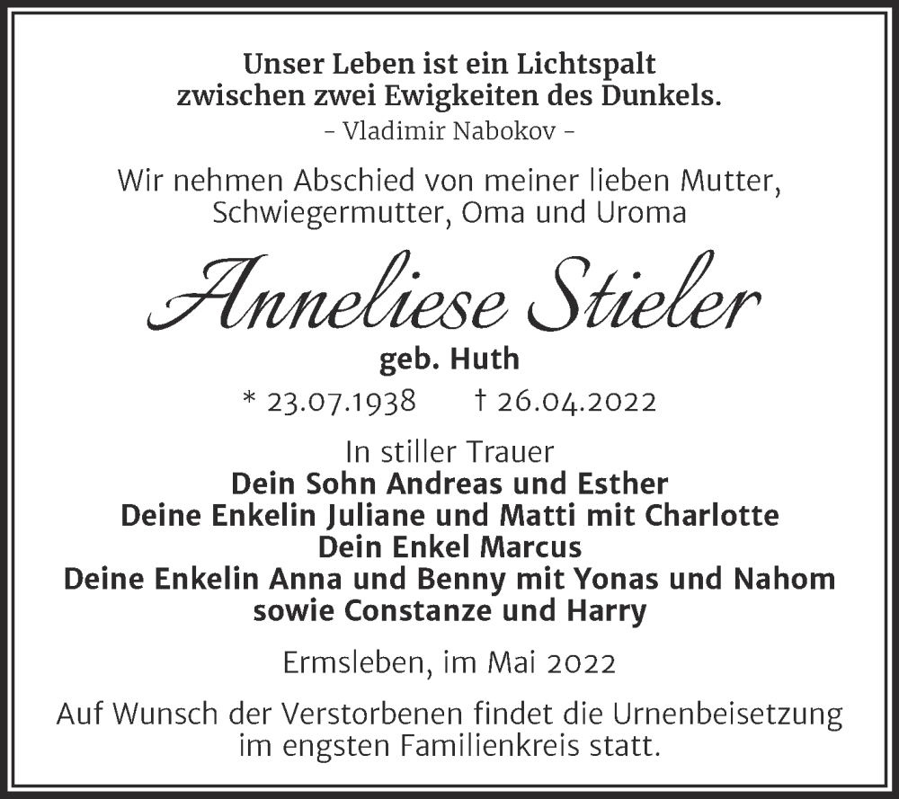  Traueranzeige für Anneliese Stieler vom 07.05.2022 aus Trauerkombi Quedlinburg