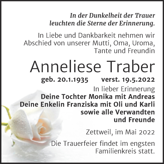 Traueranzeige von Anneliese Traber von Trauerkombi Zeitz