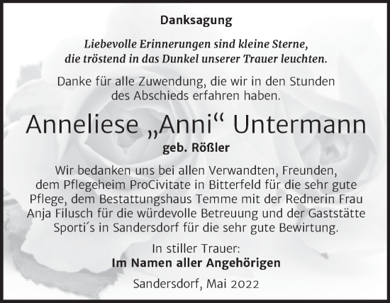 Traueranzeige von Anneliese Untermann von Trauerkombi Bitterfeld