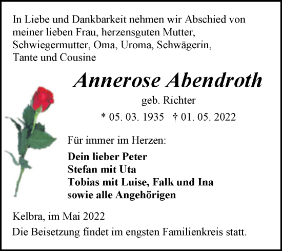 Traueranzeige von Annerose Abendroth von Trauerkombi Sangerhausen