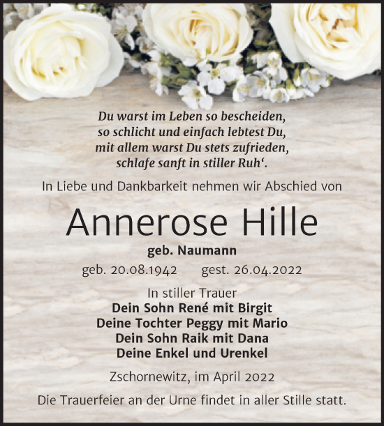 Traueranzeige von Annerose Hille von Trauerkombi Wittenberg