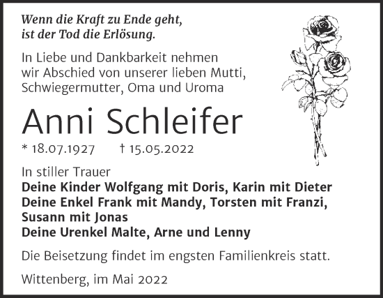Traueranzeige von Anni Schleifer von Trauerkombi Wittenberg