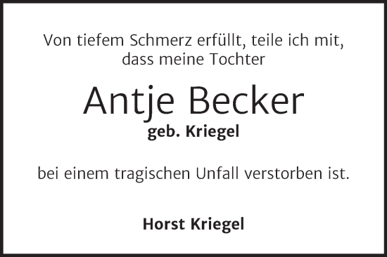 Traueranzeige von Antje Becker von Mitteldeutsche Zeitung Halle/Saalkreis