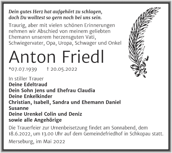 Traueranzeige von Anton Friedl von Trauerkombi Merseburg