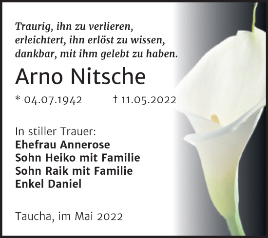 Traueranzeige von Arno Nitsche von Trauerkombi Weißenfels