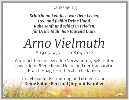 Traueranzeige von Arno Vielmuth von Trauerkombi Merseburg