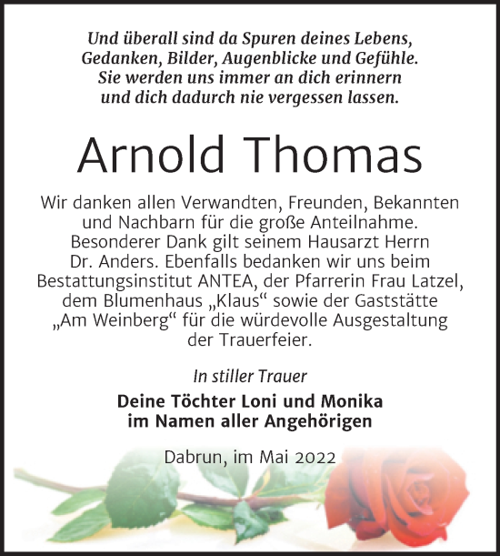 Traueranzeige von Arnold Thomas von Trauerkombi Wittenberg