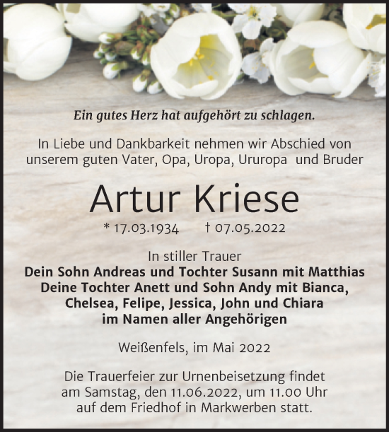 Traueranzeige von Artur Kriese von Trauerkombi Weißenfels