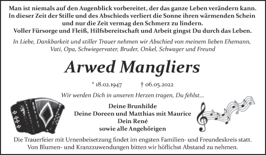 Traueranzeige von Arwed Mangliers von Trauerkombi Bitterfeld