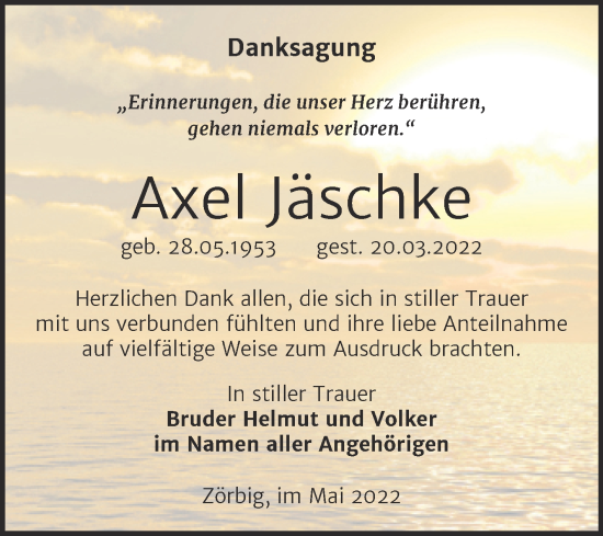 Traueranzeige von Axel Jäschke von Trauerkombi Bitterfeld