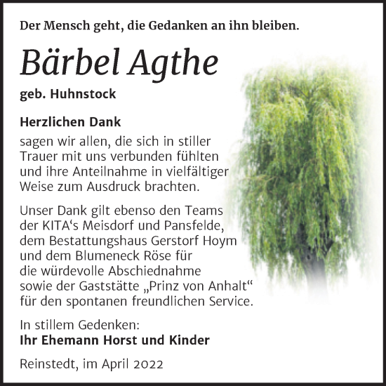 Traueranzeige von Bärbel Agthe von Trauerkombi Quedlinburg