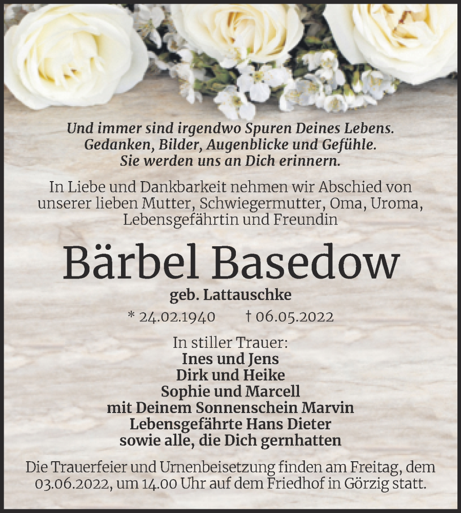  Traueranzeige für Bärbel Basedow vom 14.05.2022 aus Trauerkombi Köthen