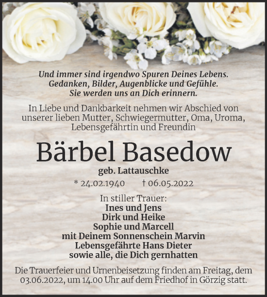 Traueranzeige von Bärbel Basedow von Trauerkombi Köthen