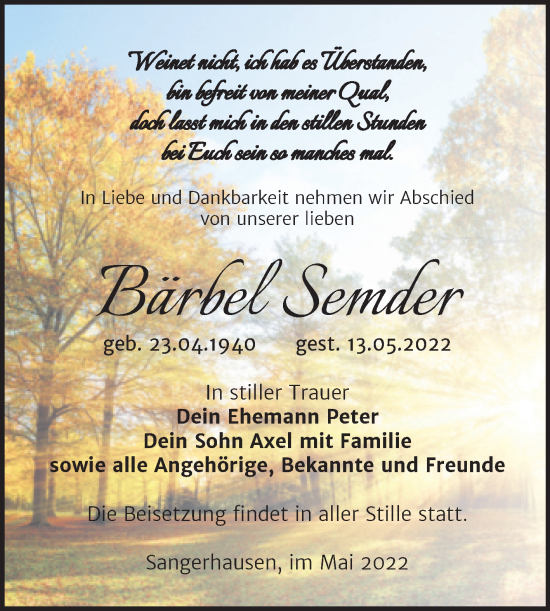 Traueranzeige von Bärbel Semder von Mitteldeutsche Zeitung Sangerhausen