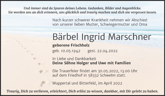 Traueranzeige von Bärbel Ingrid Marschner von Trauerkombi Bitterfeld
