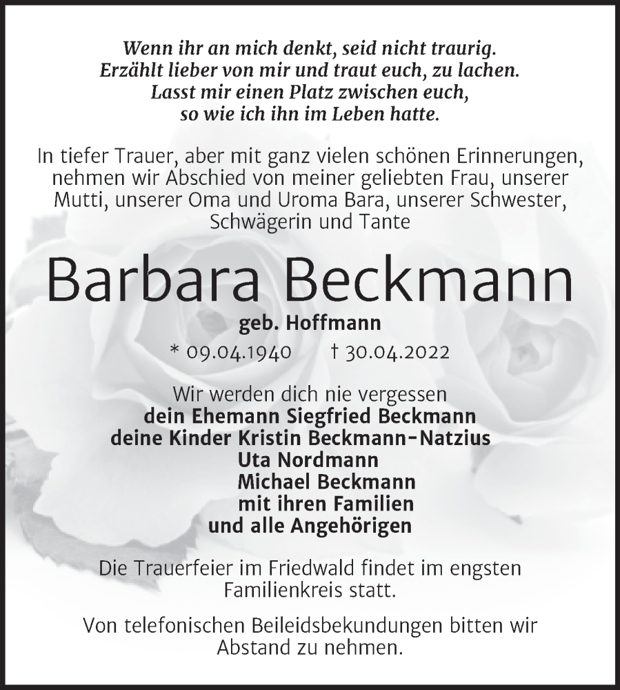  Traueranzeige für Barbara Beckmann vom 14.05.2022 aus Trauerkombi Dessau