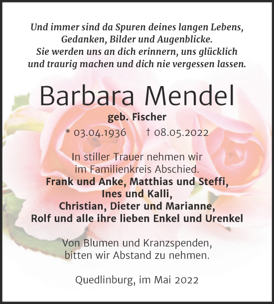 Traueranzeige von Barbara Mendel von Trauerkombi Quedlinburg