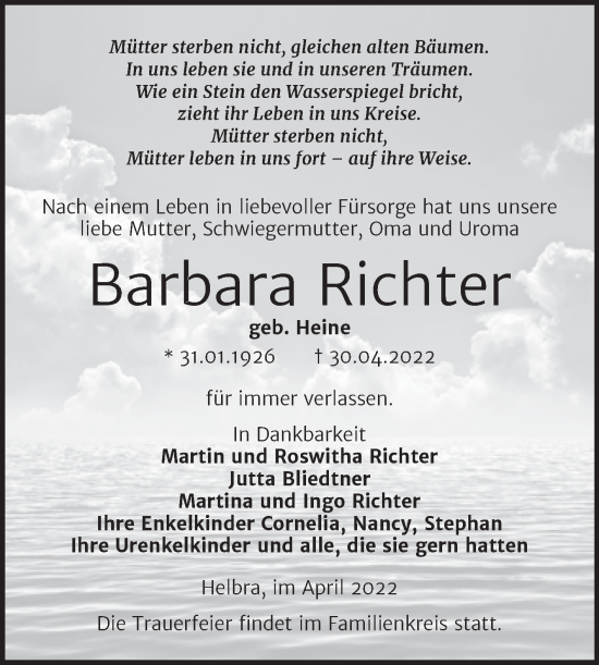 Traueranzeige von Barbara Richter von Trauerkombi Mansfelder Land