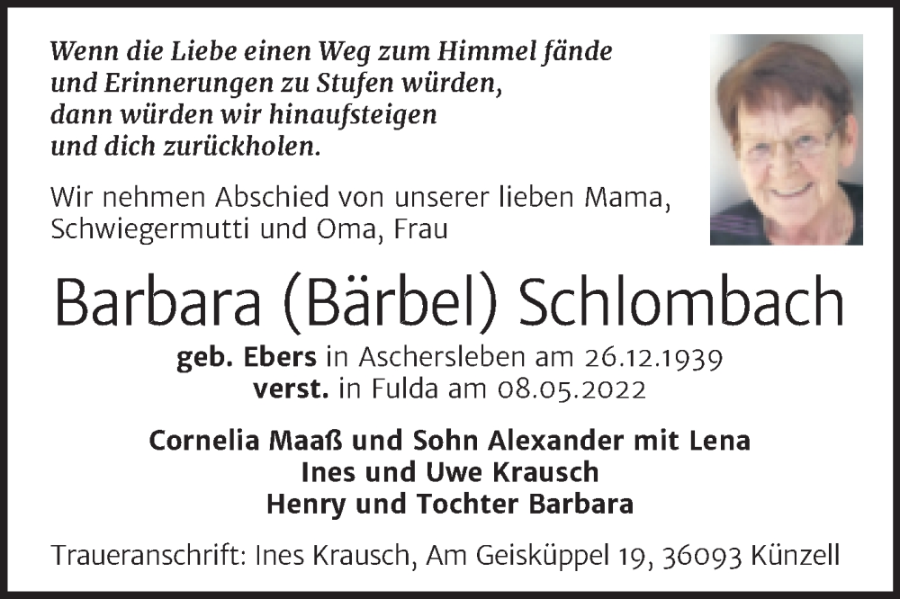  Traueranzeige für Barbara  Schlombach vom 14.05.2022 aus Mitteldeutsche Zeitung Aschersleben