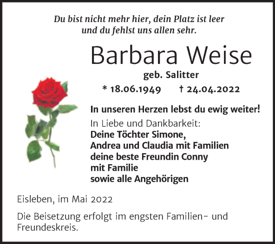 Traueranzeige von Barbara Weise von Trauerkombi Mansfelder Land